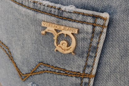 Versace Jeans Chic Light Blue Torn Slim Fit Jeans side view of slim fit