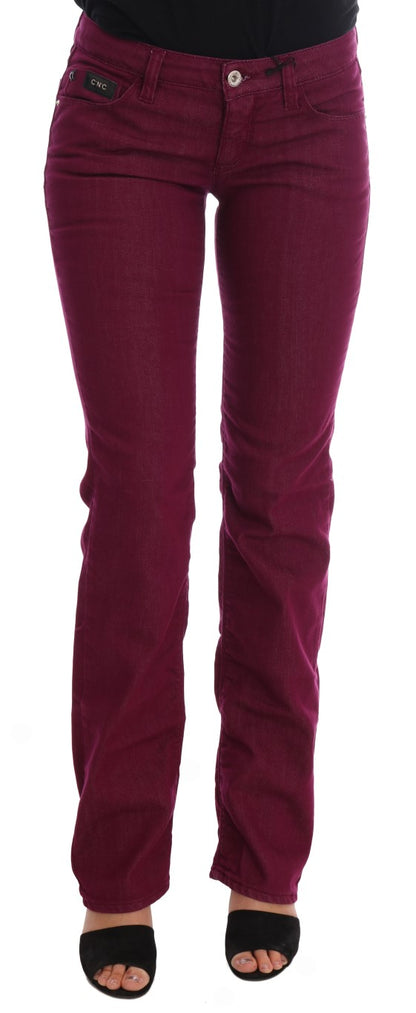 Striking red Costume National Sleek Straight Fit Jeans with zippered fly and button closure