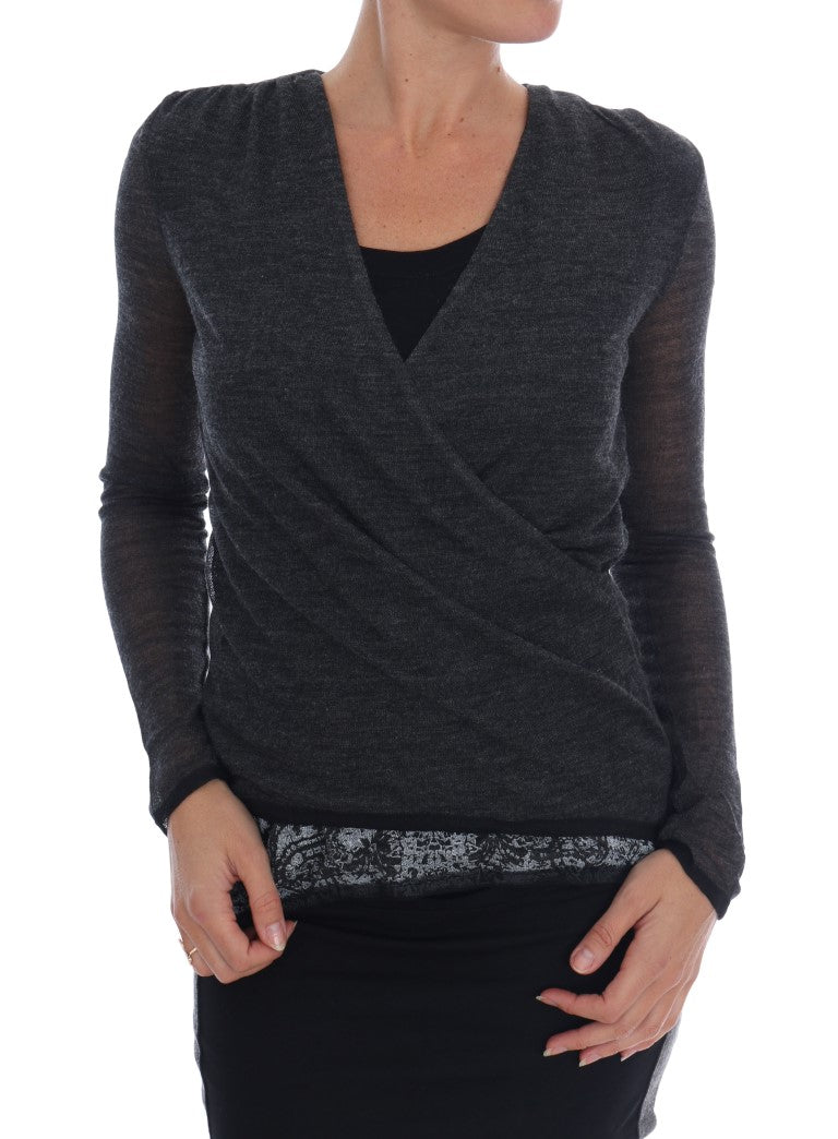 Ermanno Scervino Chic Gray Lace Sleeve Blouse crafted with rayon, polyester, and wool 
