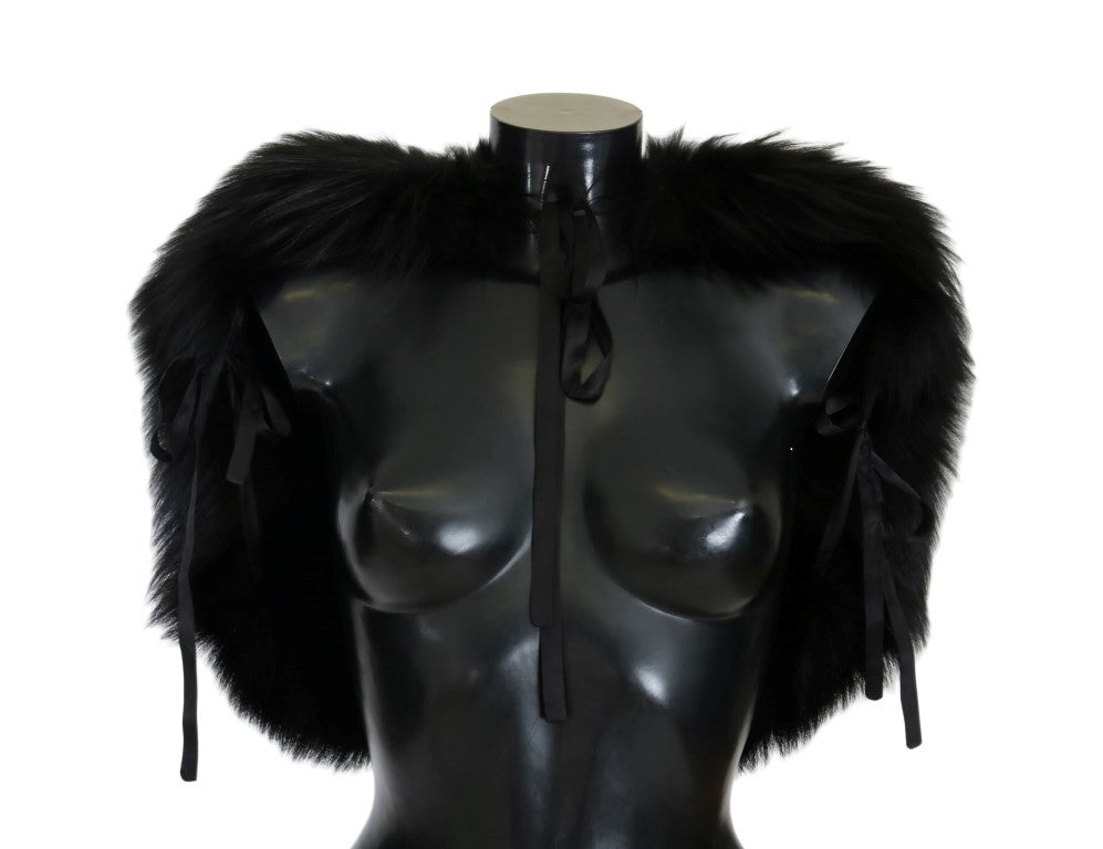 Dolce & Gabbana Elegant Black Silver Fox Fur Wrap Scarf from the front view