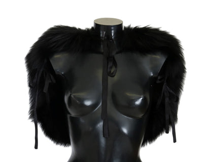 Dolce & Gabbana Elegant Black Silver Fox Fur Wrap Scarf from the front view