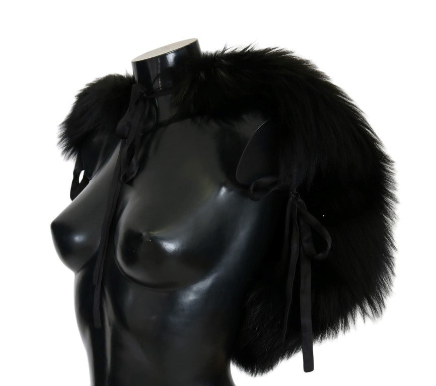 Luxurious black shoulder wrap scarf with Silver Fox Fur and silk blend