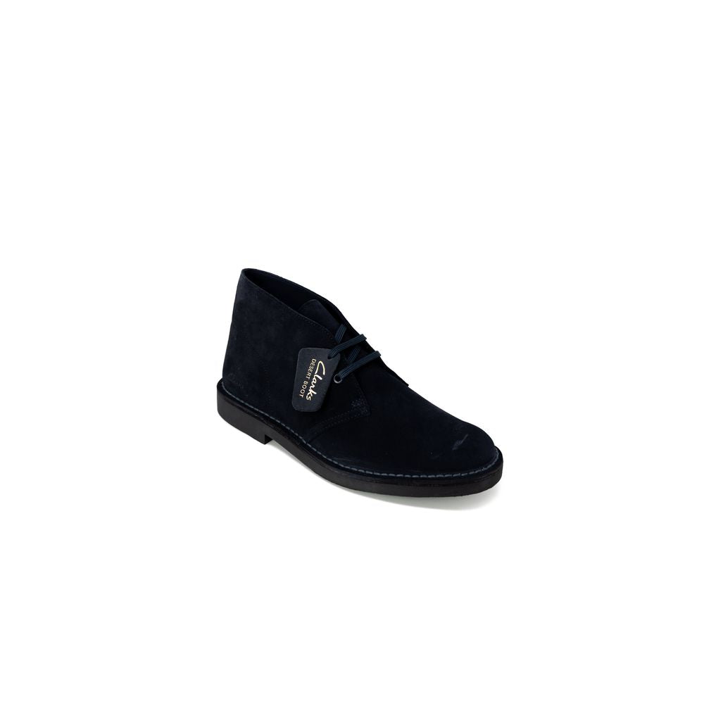 Clarks blue leather boot with lace-up design and sturdy rubber sole