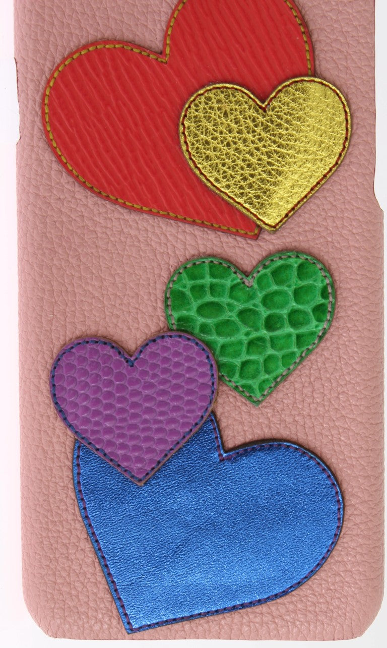 Pink leather phone cover with delightful multicolor heart embellishments