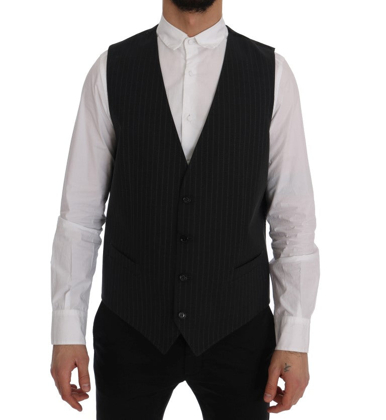 Dolce & Gabbana Elegant Gray Striped Men's Waistcoat Vest front view with full button closure