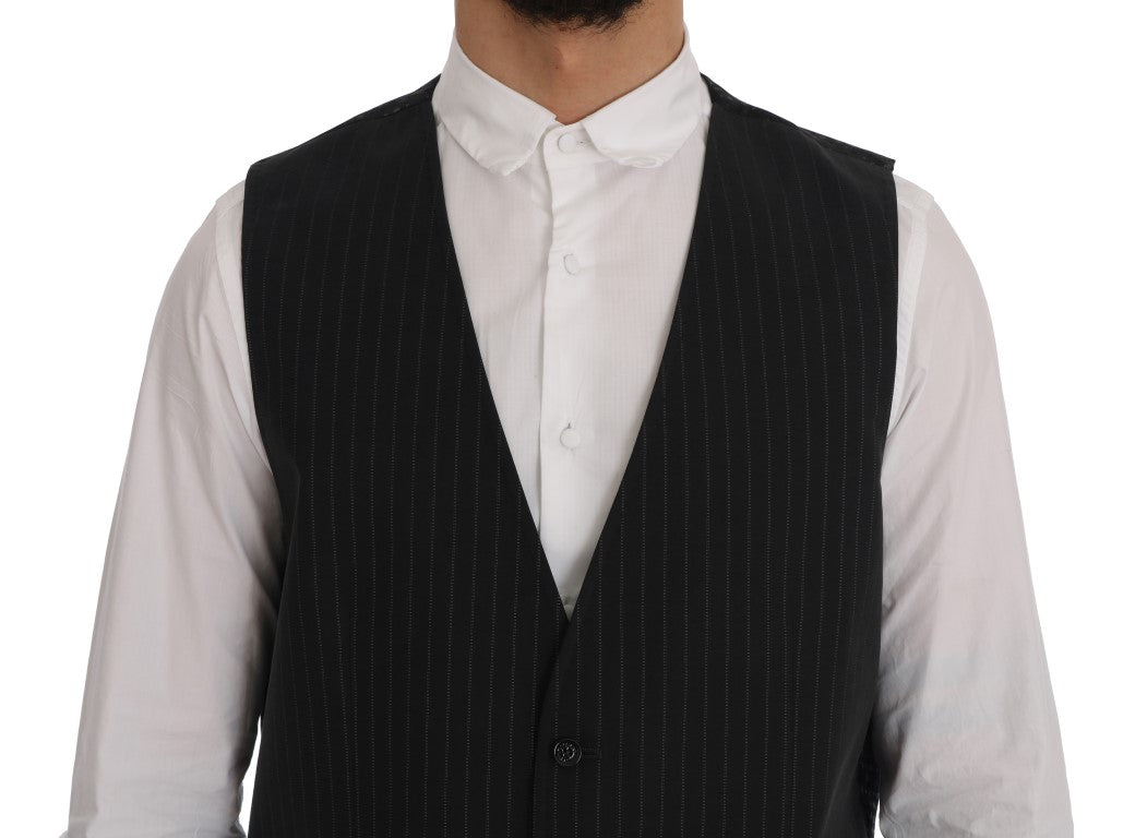 Dolce & Gabbana Elegant Gray Striped Men's Waistcoat Vest lining made with 63% Viscose and 37% Brass