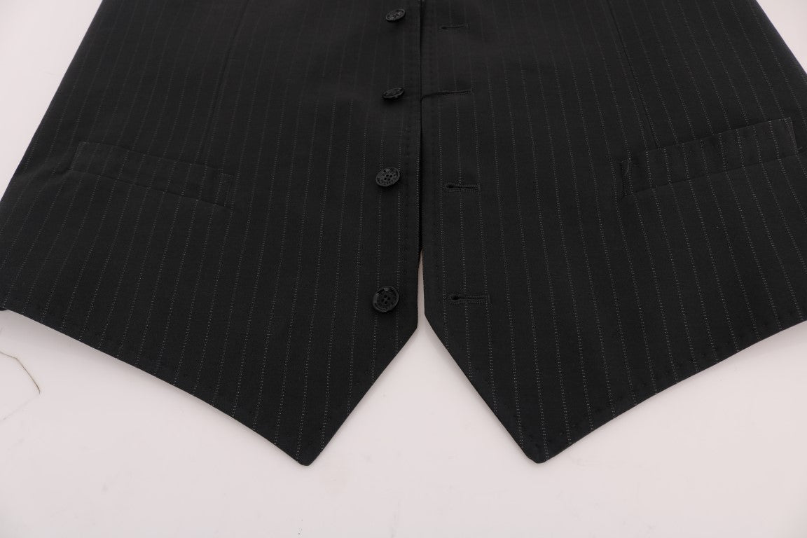 Dolce & Gabbana Elegant Gray Striped Men's Waistcoat Vest side view showing exquisite Italian craftsmanship