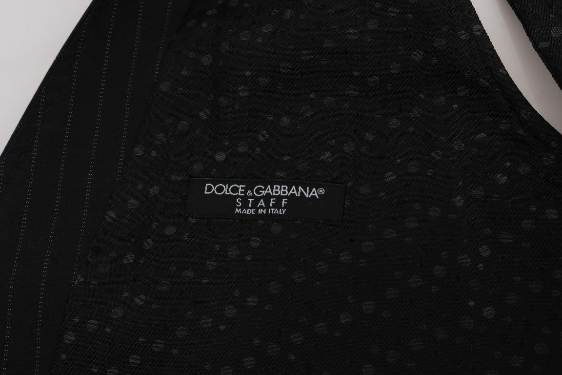 Dolce & Gabbana Elegant Gray Striped Men's Waistcoat Vest close-up of distinctive logo details