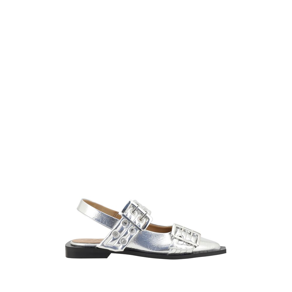 Buckle Metallic Ballerinas by Ganni with extended toe and metallic finish