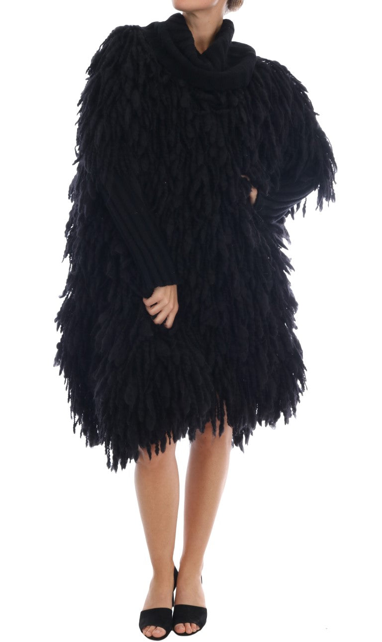 Dolce & Gabbana Black Fringed Wool-Cashmere Sweater with Turtleneck and Logo Details