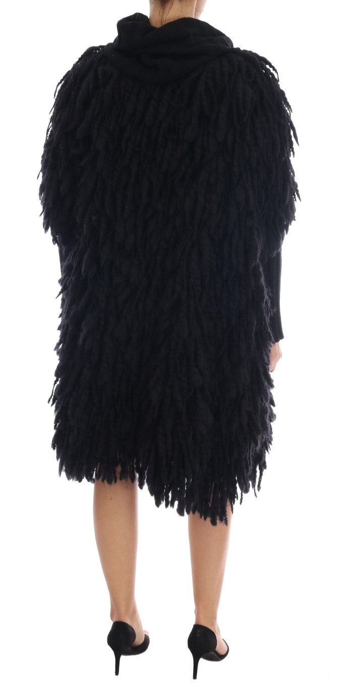 Sumptuous Black Fringed Wool and Cashmere Coat Sweater