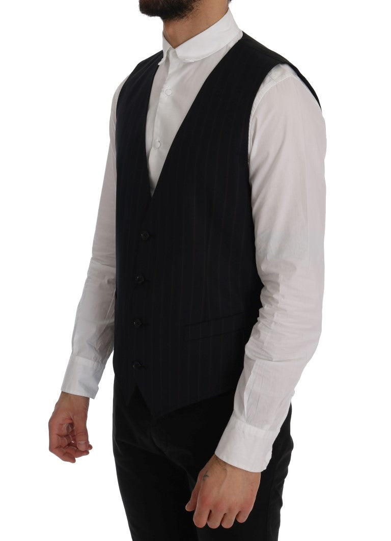 Blue striped wool blend fabric single-breasted vest