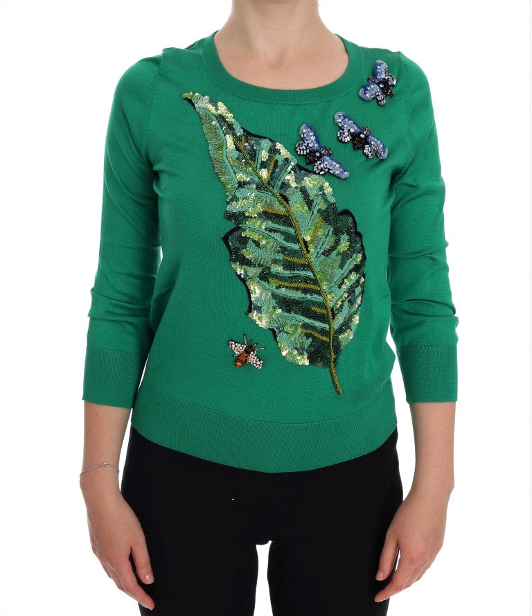 Dolce & Gabbana Green Silk Pullover Sweater with Butterfly and Banana Leaf Applique and Multicolor Crystals