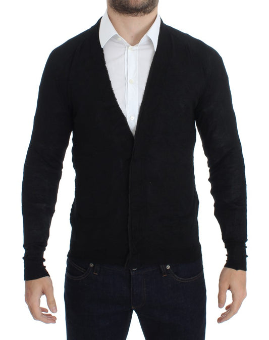 Costume National Elegant Black Merino Wool Cardigan front view with full button closure and subtle logo details