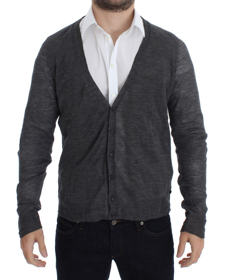 Elegant gray wool blend cardigan sweater with full button closure 