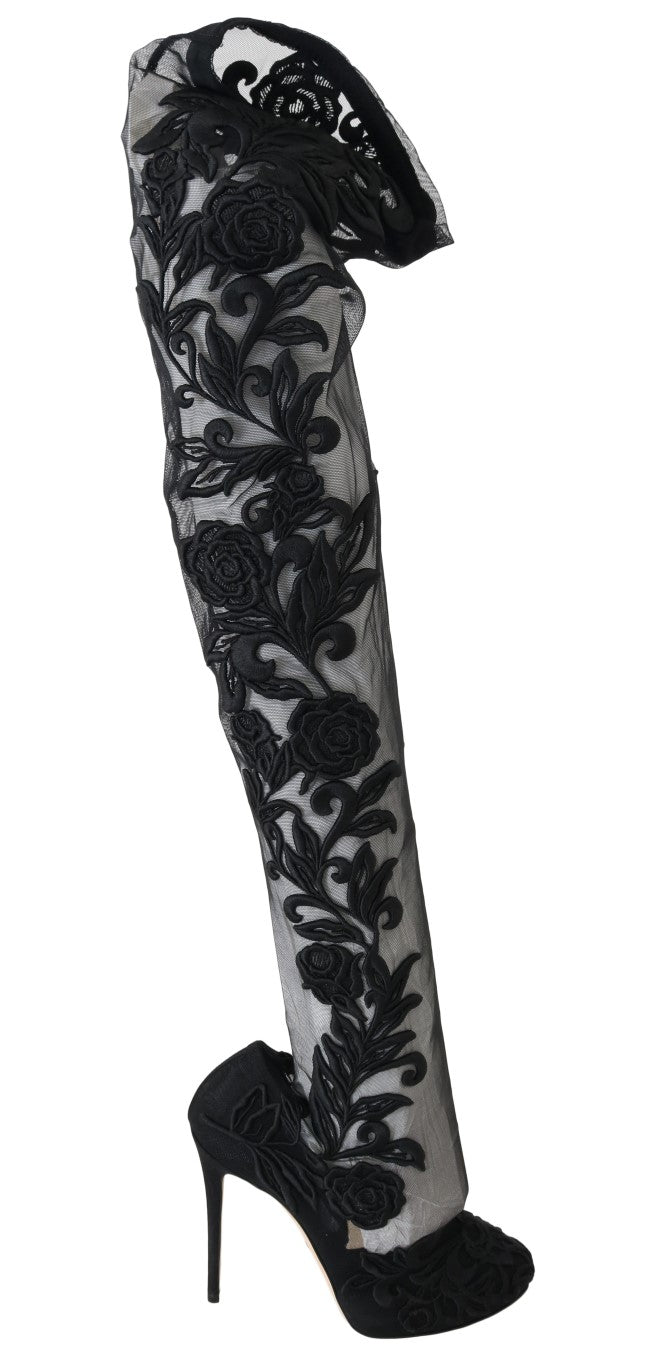 Dolce & Gabbana Embroidered Floral Over-Knee Boots - Black leather boots with intricate floral embroidery