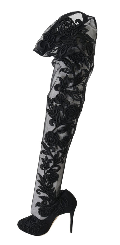 Dolce & Gabbana black leather over-knee boots with intricate floral embroidery