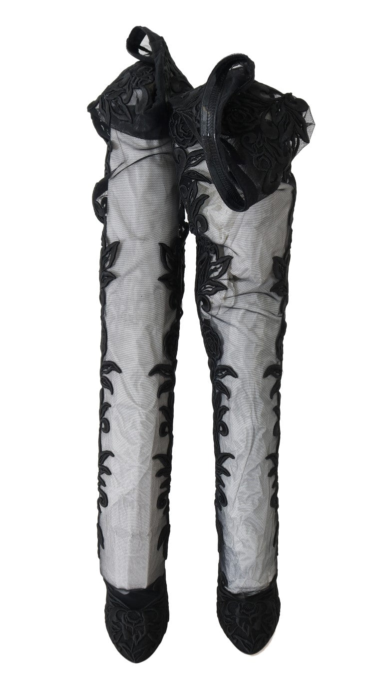 Dolce & Gabbana black leather over-knee boots with embroidered floral design