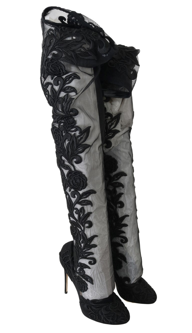 Dolce & Gabbana black leather over-the-knee boots with embroidered floral design