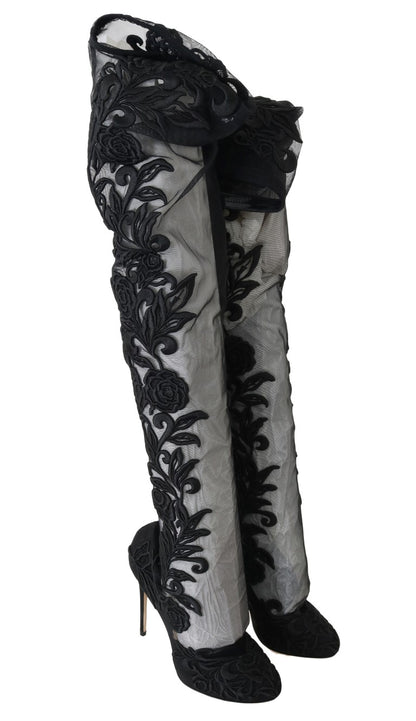 Dolce & Gabbana black leather over-the-knee boots with embroidered floral design