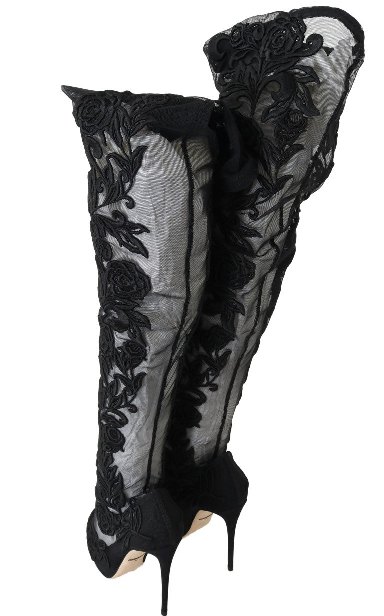 Dolce & Gabbana black leather over-knee boots with colorful floral embroidery