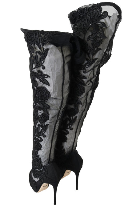 Dolce & Gabbana black leather over-knee boots with colorful floral embroidery