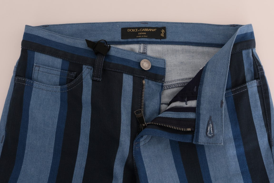 Versatile chic blue striped slim fit girly jeans with logo details