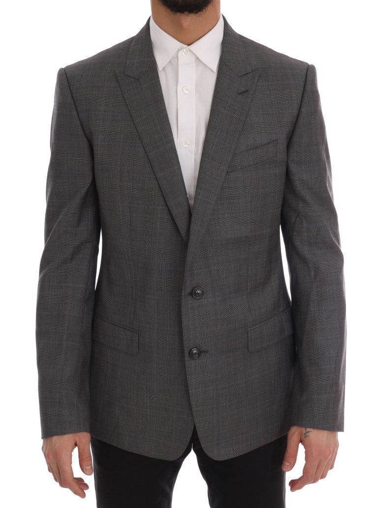 Dolce & Gabbana Sleek Gray Checkered Wool Blazer with single-breasted closure and logo details