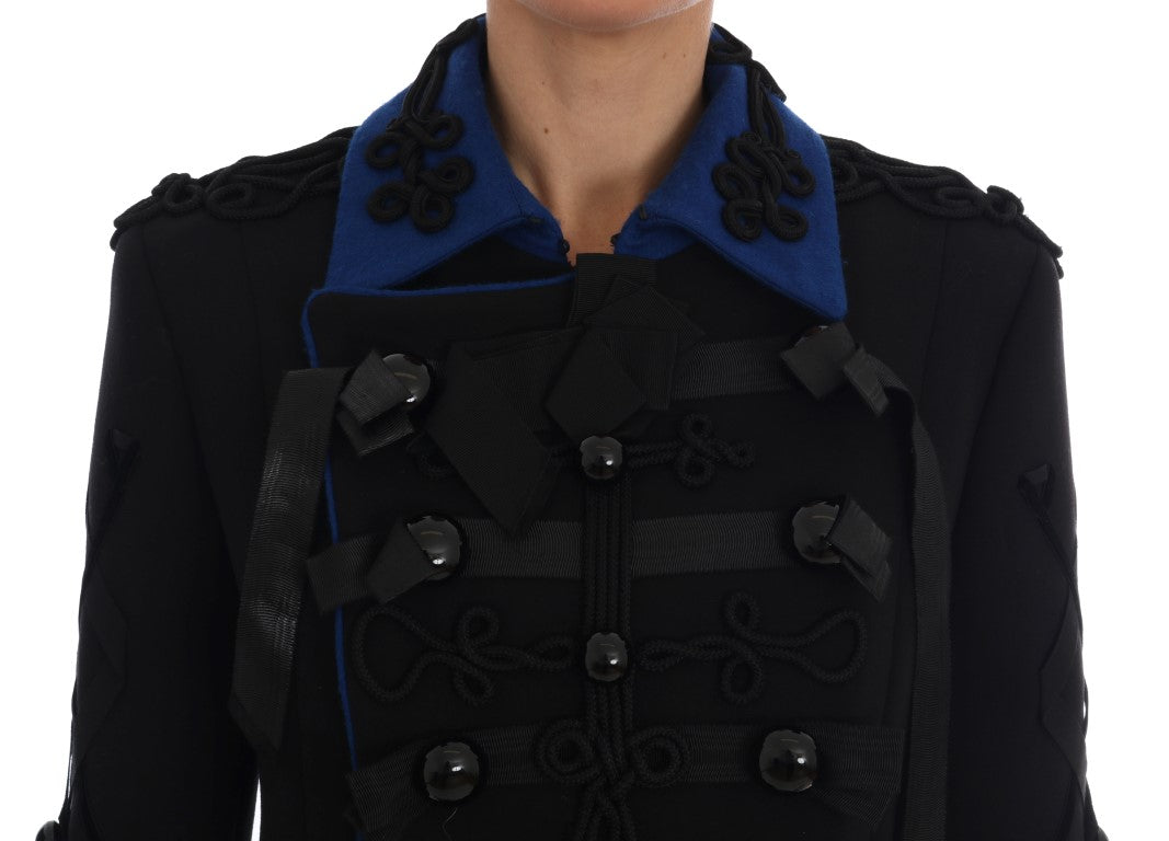 Elegant black and blue palette double-breasted trench coat with snap button closure