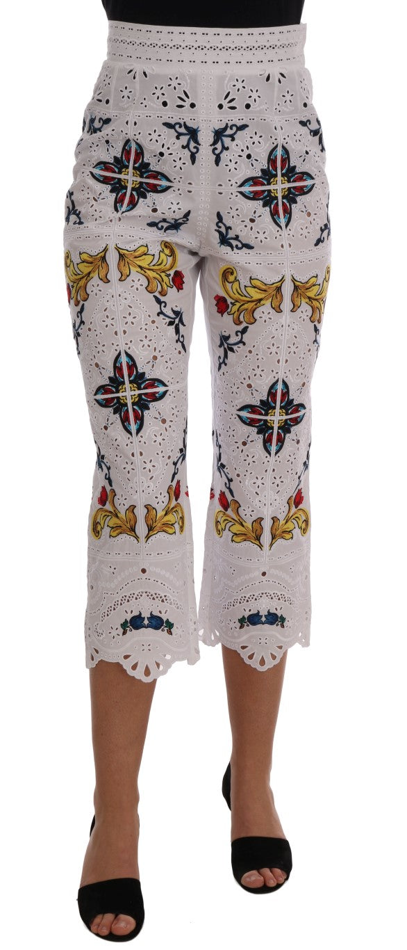 Exquisite high-waisted capri pants with vibrant Majolica embroidery