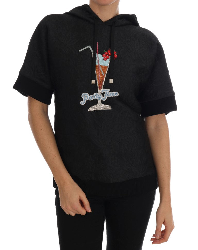 Dolce & Gabbana Enchanted Brocade Crystal Hooded Sweater in Black Cotton and Silk Blend