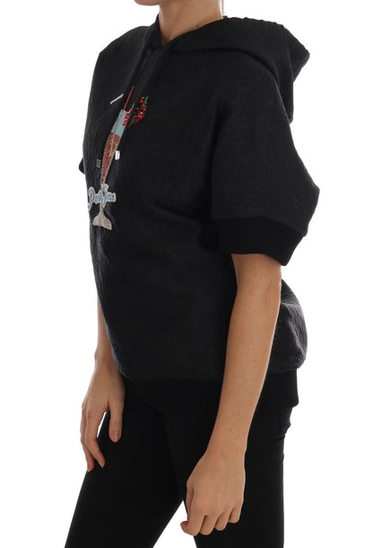 Luxurious black brocade sweater with multicolor sequined embroidery