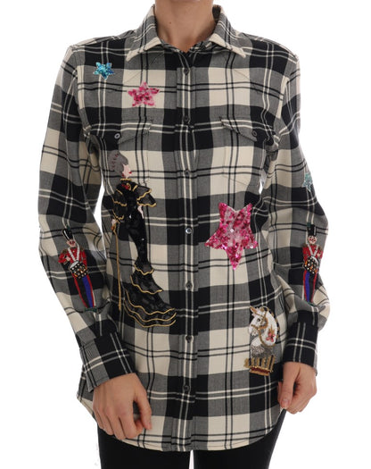 Luxurious Dolce & Gabbana black and white checkered wool shirt with multicolored crystals and sequins
