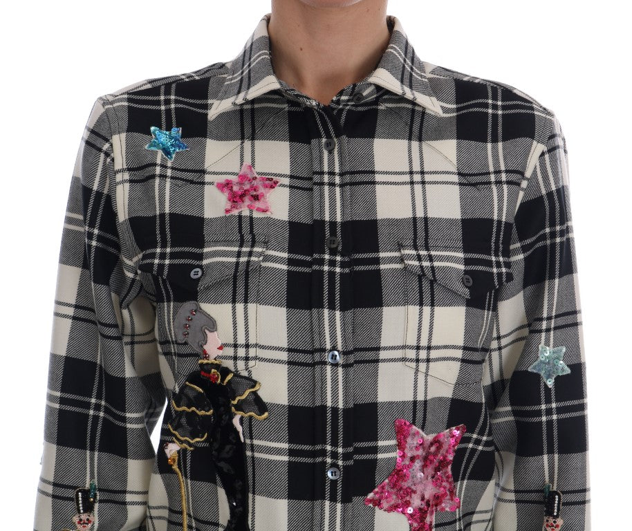 Dazzling array of multicolored crystals and sequins on Dolce & Gabbana wool shirt