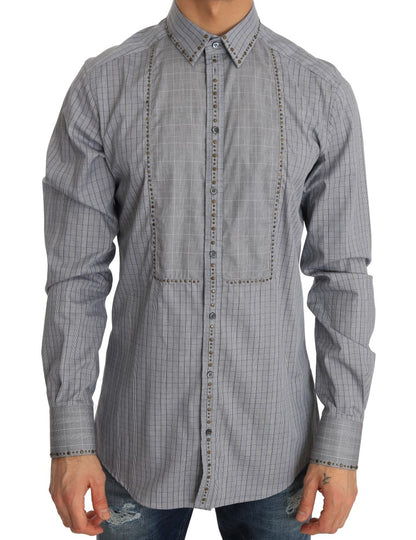 Exquisite 100% cotton Dolce & Gabbana men’s slim fit shirt with gray checkered pattern and gold studded detailing