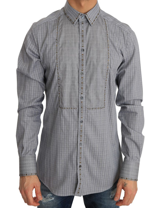 Exquisite 100% cotton Dolce & Gabbana men’s slim fit shirt with gray checkered pattern and gold studded detailing