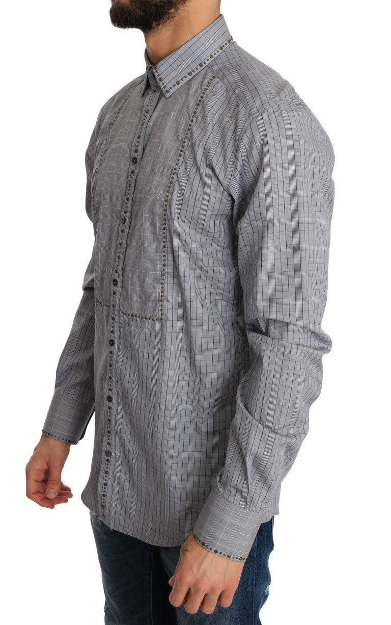 Italian crafted Dolce & Gabbana men’s casual shirt in slim fit, featuring gray checkered pattern and gold studded detailing