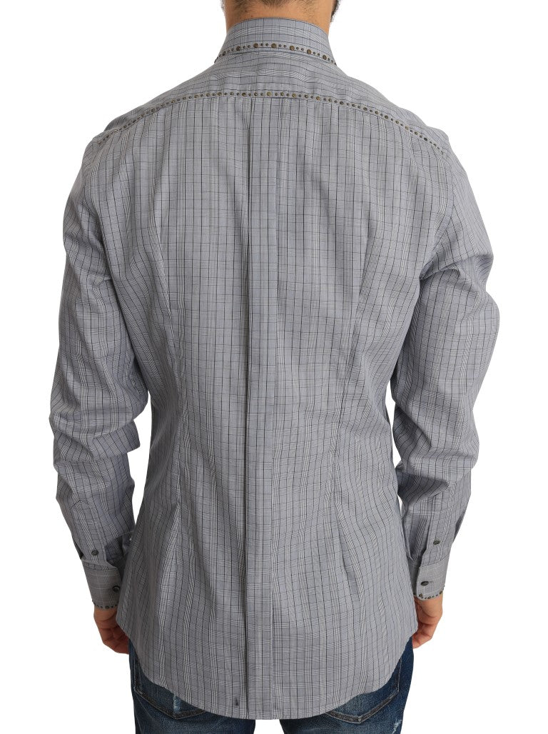 Elegant and sophisticated Dolce & Gabbana men’s slim fit shirt with gray checkered pattern and gold studded detailing
