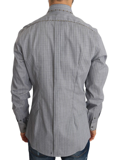 Elegant and sophisticated Dolce & Gabbana men’s slim fit shirt with gray checkered pattern and gold studded detailing