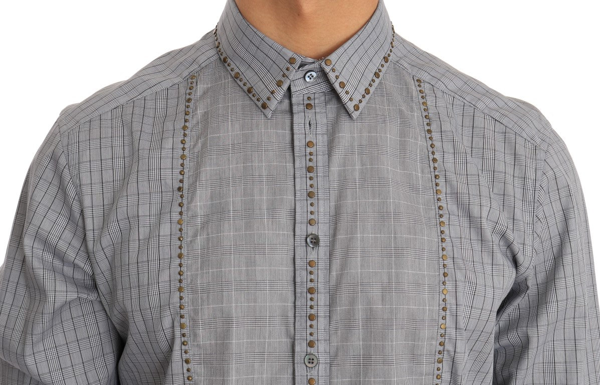 Luxurious Dolce & Gabbana men’s slim fit shirt in gray checkered pattern and gold studded detailing