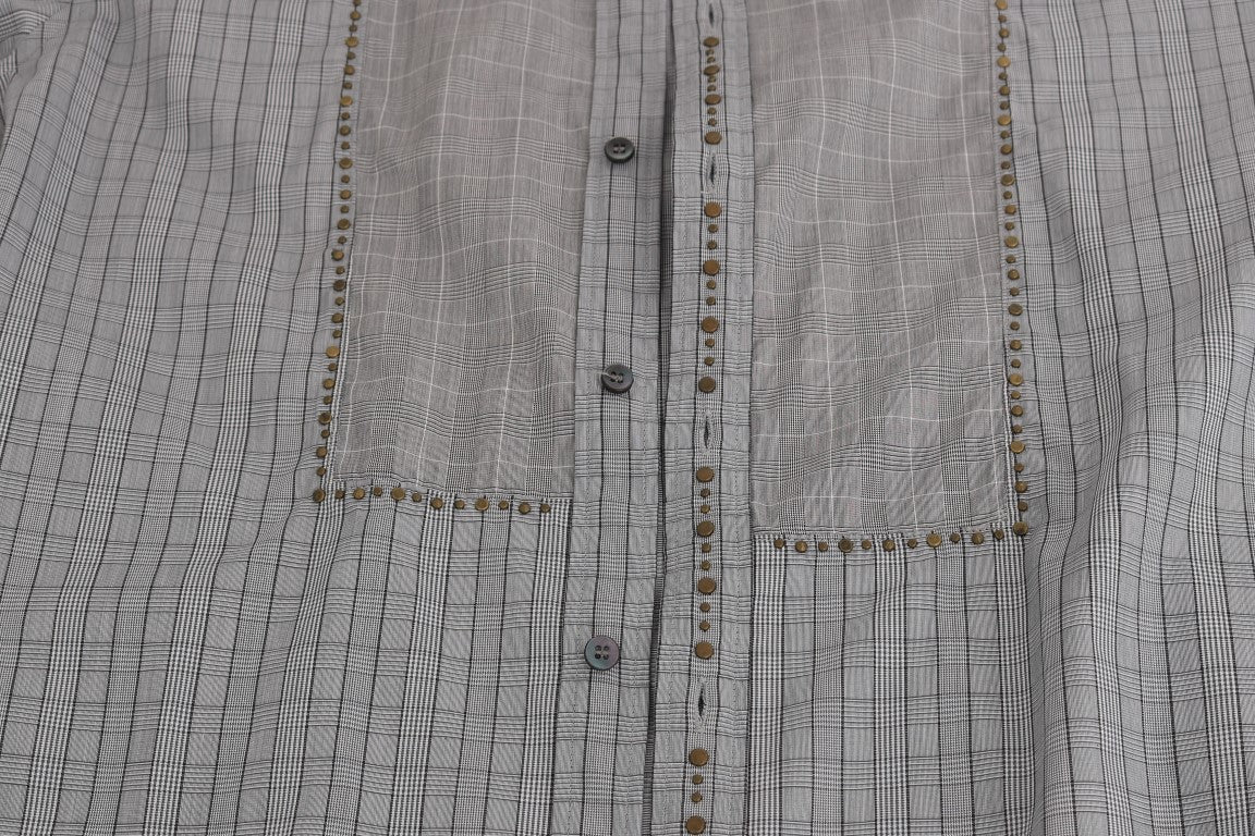 Italian craftsmanship embodied in Dolce & Gabbana men’s slim fit shirt with gray checkered pattern and gold studded detailing