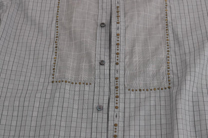 Italian craftsmanship embodied in Dolce & Gabbana men’s slim fit shirt with gray checkered pattern and gold studded detailing