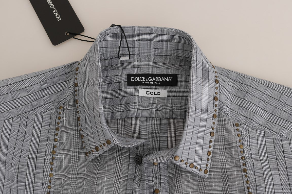 Dolce & Gabbana men’s slim fit shirt with exquisite gray checkered pattern and gold studded detailing