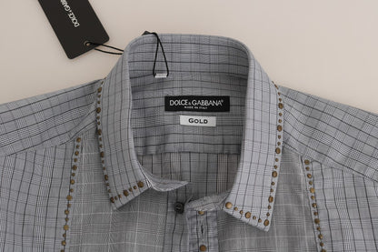 Dolce & Gabbana men’s slim fit shirt with exquisite gray checkered pattern and gold studded detailing