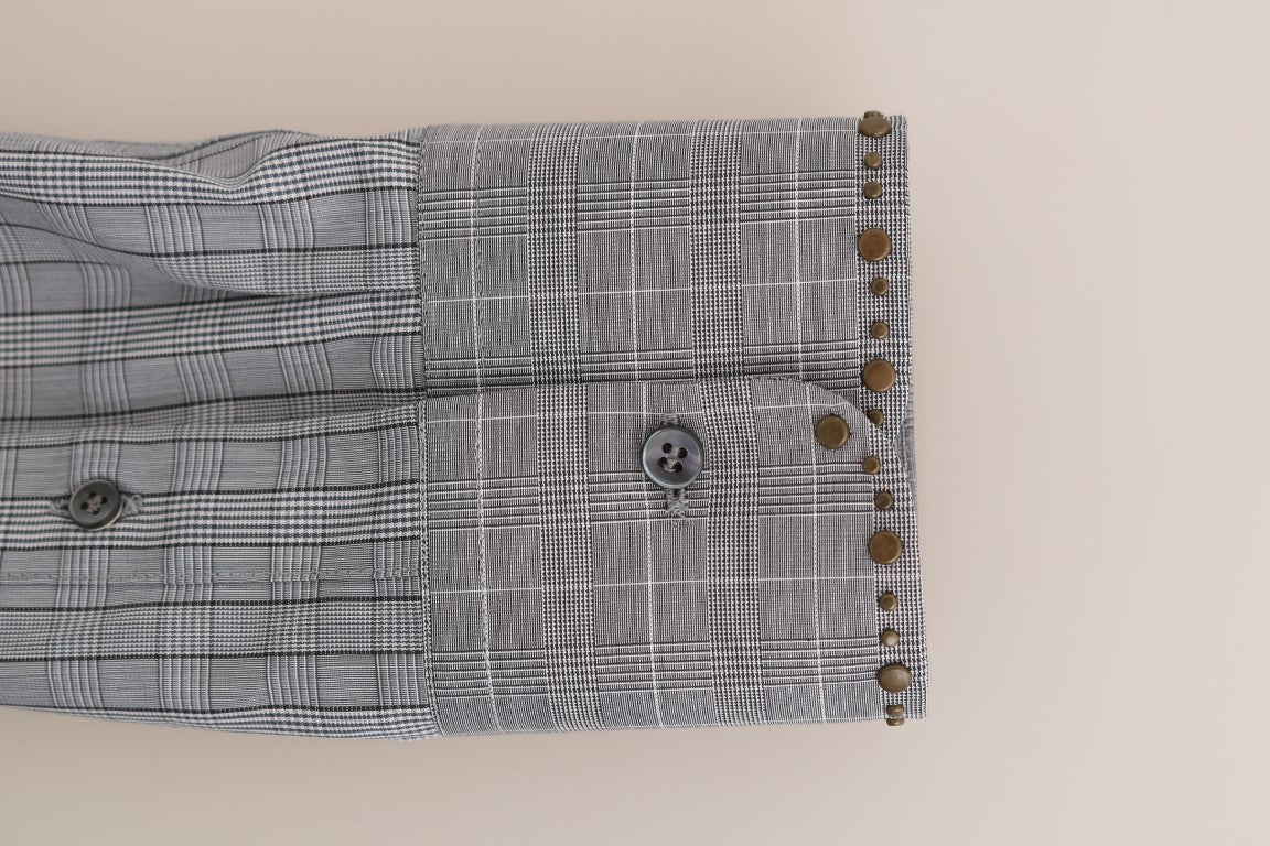 Stylish and sophisticated Dolce & Gabbana men’s slim fit shirt with gray checkered pattern and gold studded detailing