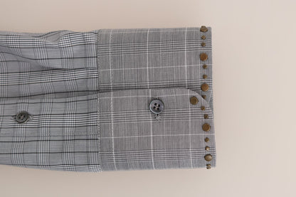 Stylish and sophisticated Dolce & Gabbana men’s slim fit shirt with gray checkered pattern and gold studded detailing