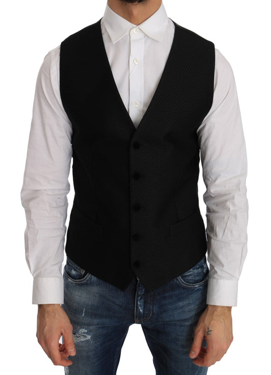 Dolce & Gabbana Elegant Polka Dot Black Dress Vest in slim fit cut with full-button closure
