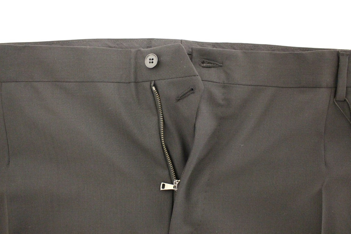 Black wool trousers with front and back pockets and logo details