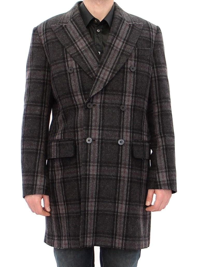 Exquisite Dolce & Gabbana Sicilia Checkered Wool Blend Coat in Gray