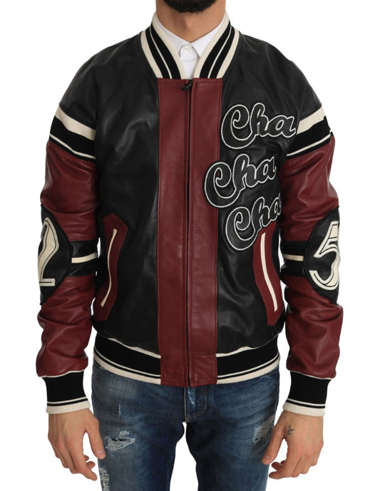 Italian luxury black and red sheepskin leather bomber jacket front view